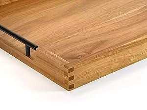 22 Inches Acacia Wood Serving Tray with Metal Handles, Large Wooden Rectangle Ottoman Tray, Decorative and Durable Design for Living Room Coffee Table Couch Kitchen