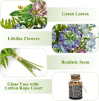 Fake Flowers in Vase Blue Faux Flowers Bush Bouquet Plant Flower Arrangements with Woven Glass Vase Artificial Flower Floral Bulk Bouquet Home Decor Bathroom Table Centerpiece Decorations