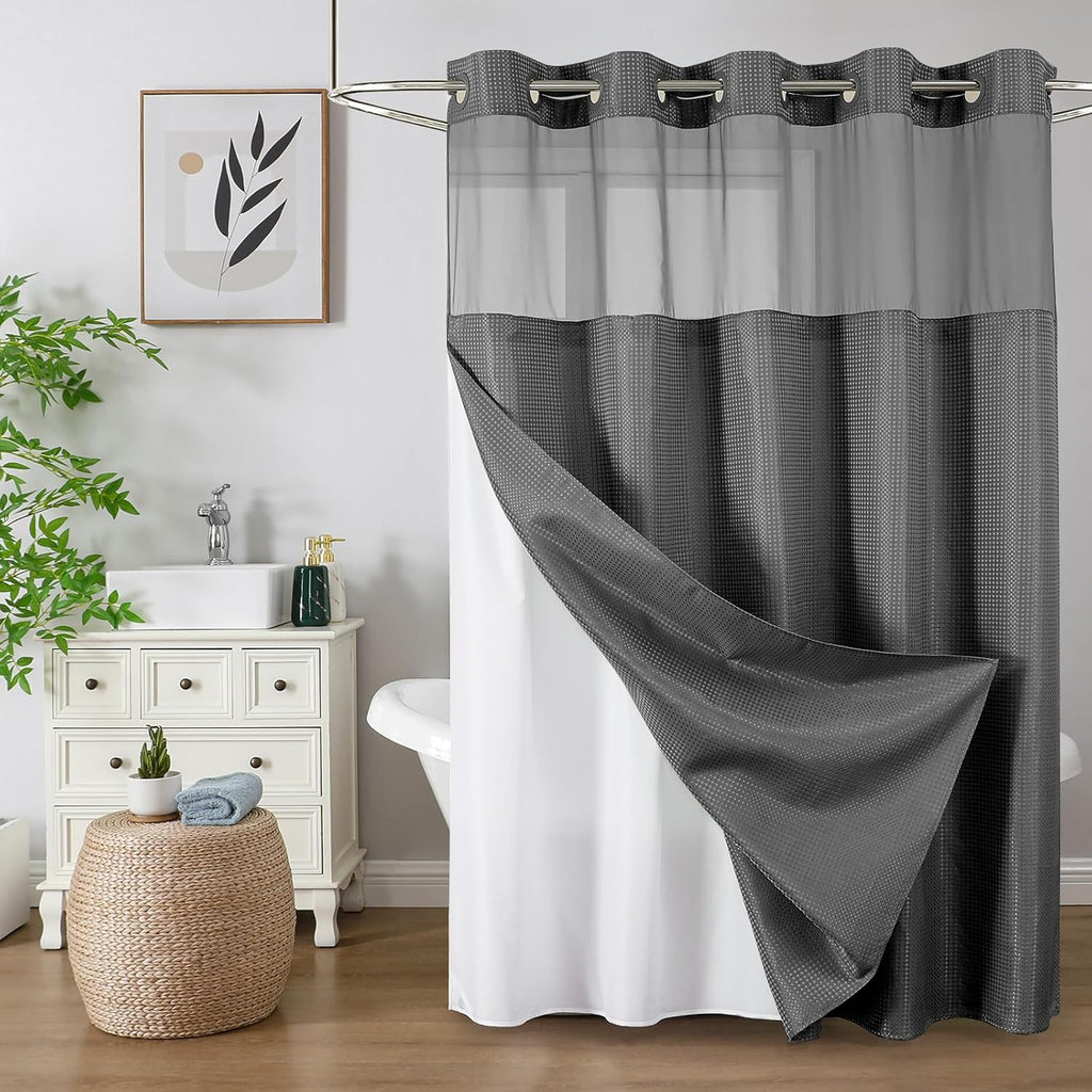No Hook Waffle Shower Curtain with Snap in Fabric, Waterproof Shower Curtains with See Through Top Window, Hotel Luxury Heavy Duty Bathroom Curtain and Liner Set, 72'' x 75'', Black