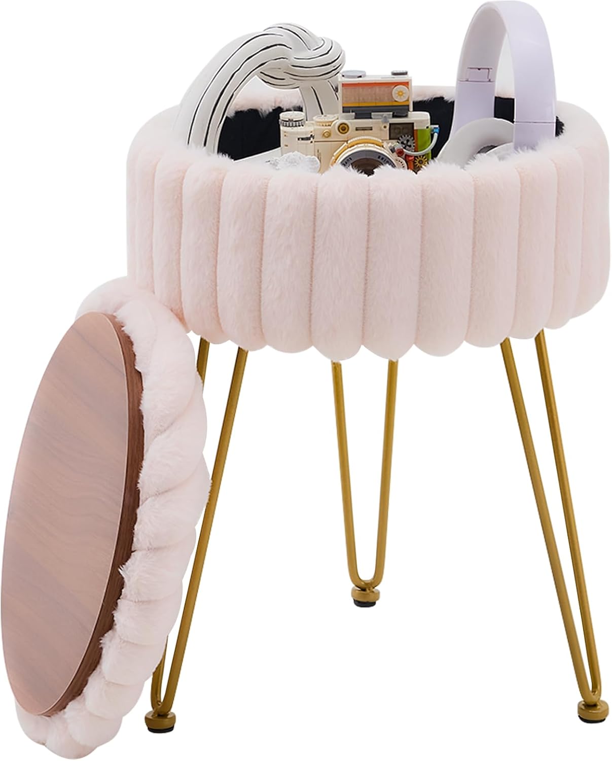 Vanity Stool with Storage, Faux Fur Ottoman Chair with Metal Legs, Round Makeup Vanity Chair for Bedroom or Dressing Table, Modern Small Ottoman Seat (Pink)
