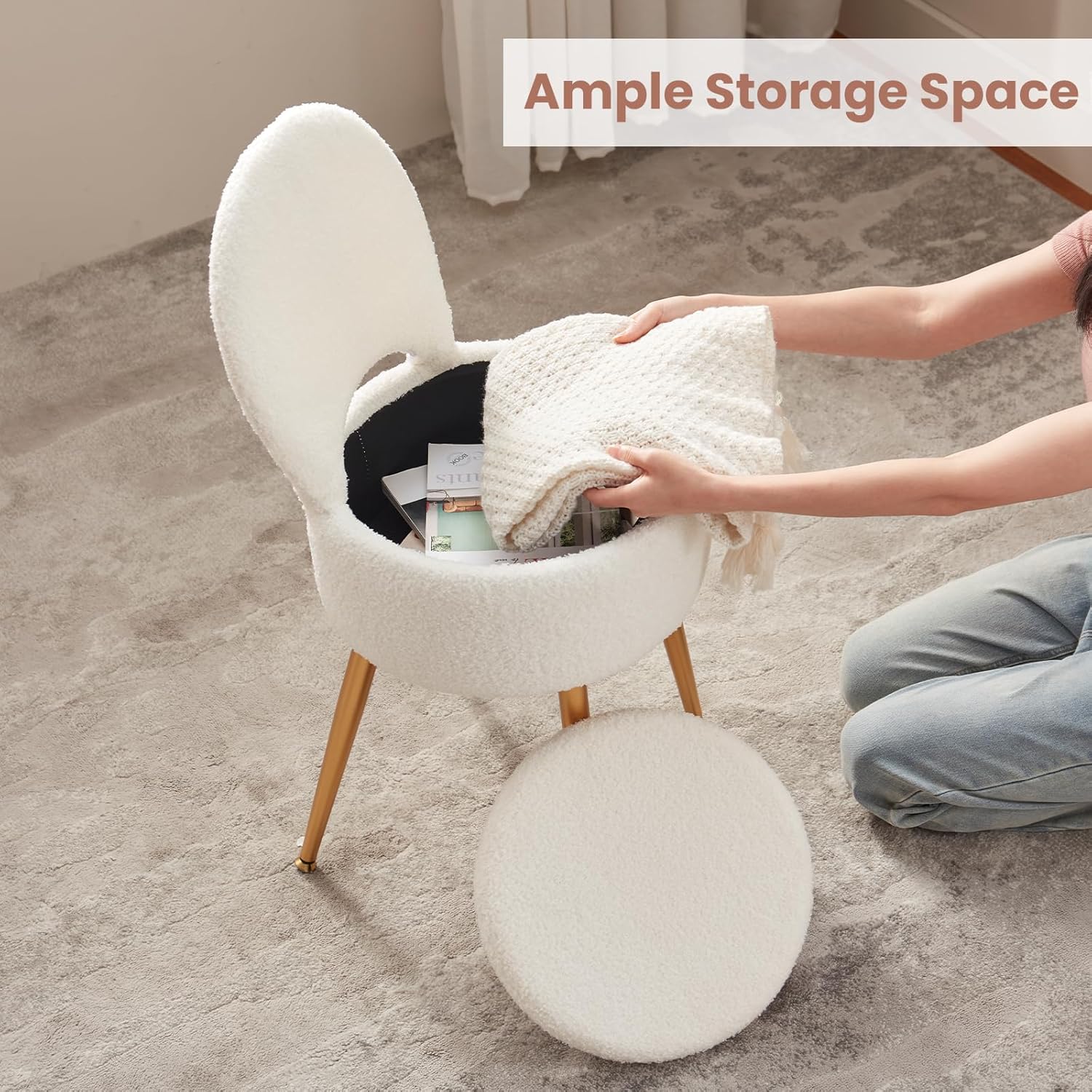Small Vanity Stool Chair with Storage and Folding Back,4 Metal Legs with Anti-Slip Feet,Round Ottoman with Velvet Seat, Furry Padded Seat for Makeup, Bedroom (Black, Small)