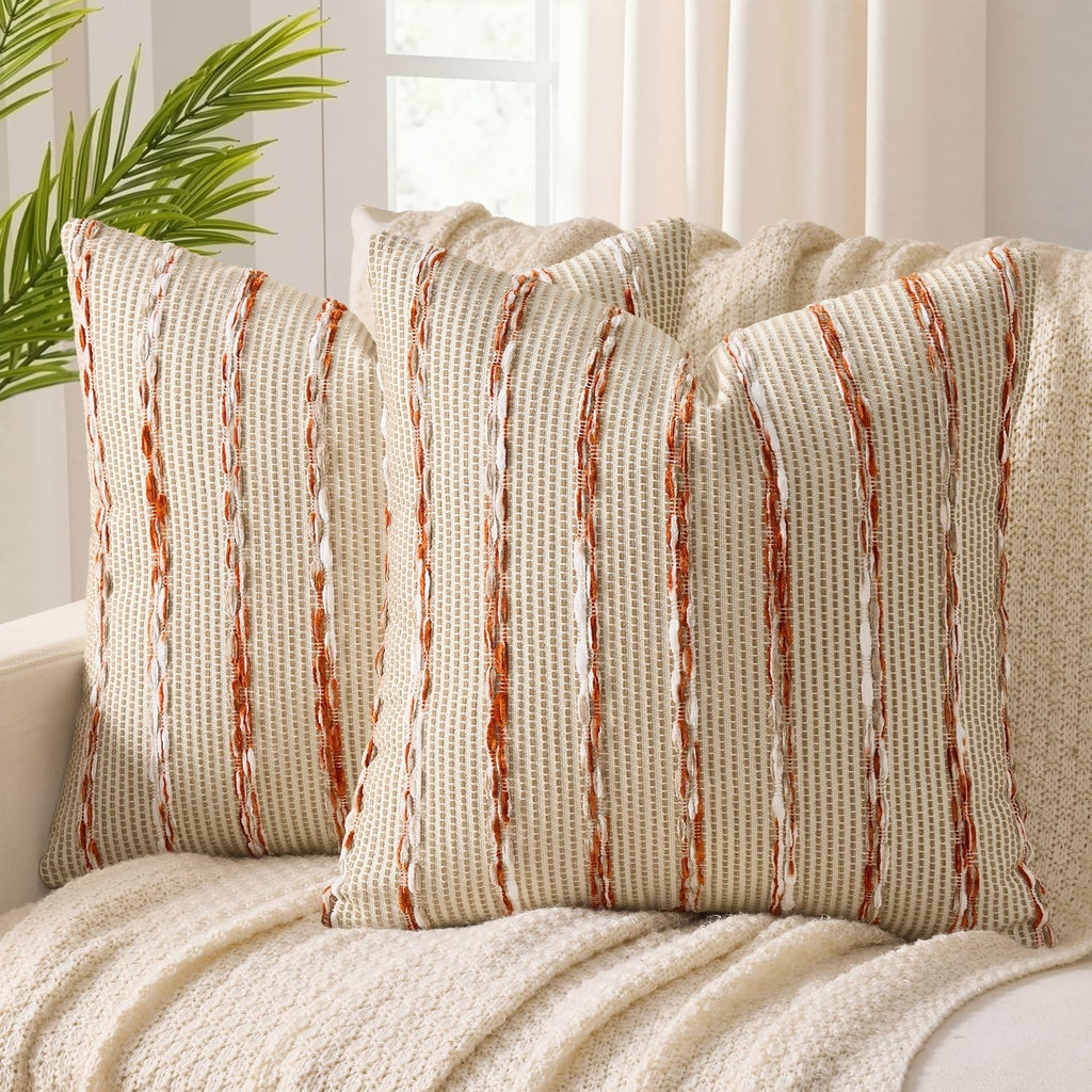 ANRODUO Pack of 2 Boho Decorative Throw Pillow Covers 18x18 Farmhouse Cushion Case Striped Chenille Pillow Cases Square Pillow Covers Accent Neutral Pillowcase for Sofa Couch Bed, Olive Green Stripe