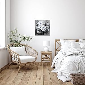Bathroom Canvas Wall Art, Bathroom Wall Decor,Living Room, Bedroom,Office,Small Gray and White Blue Flower Wall Decoration, 12x12 inches