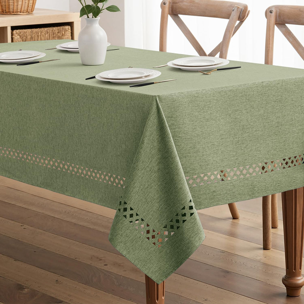Beige Rectangle Linen Polyester Tablecloth with Decorative Cutouts Spring Waterproof Stain Resistant & Shrink-Proof Table Cloth 52x70 inch Farmhouse Style for Dining Wedding and Outdoor