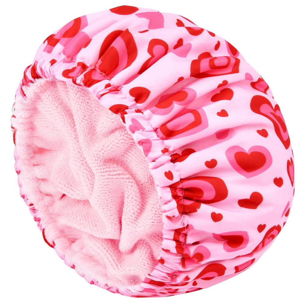 Shower Cap for Women Terry Lined Bath Cap Large Reusable Waterproof Elastic Band Pink Shower Caps for Long Thick Hair Soft Bath Shower Hair Caps