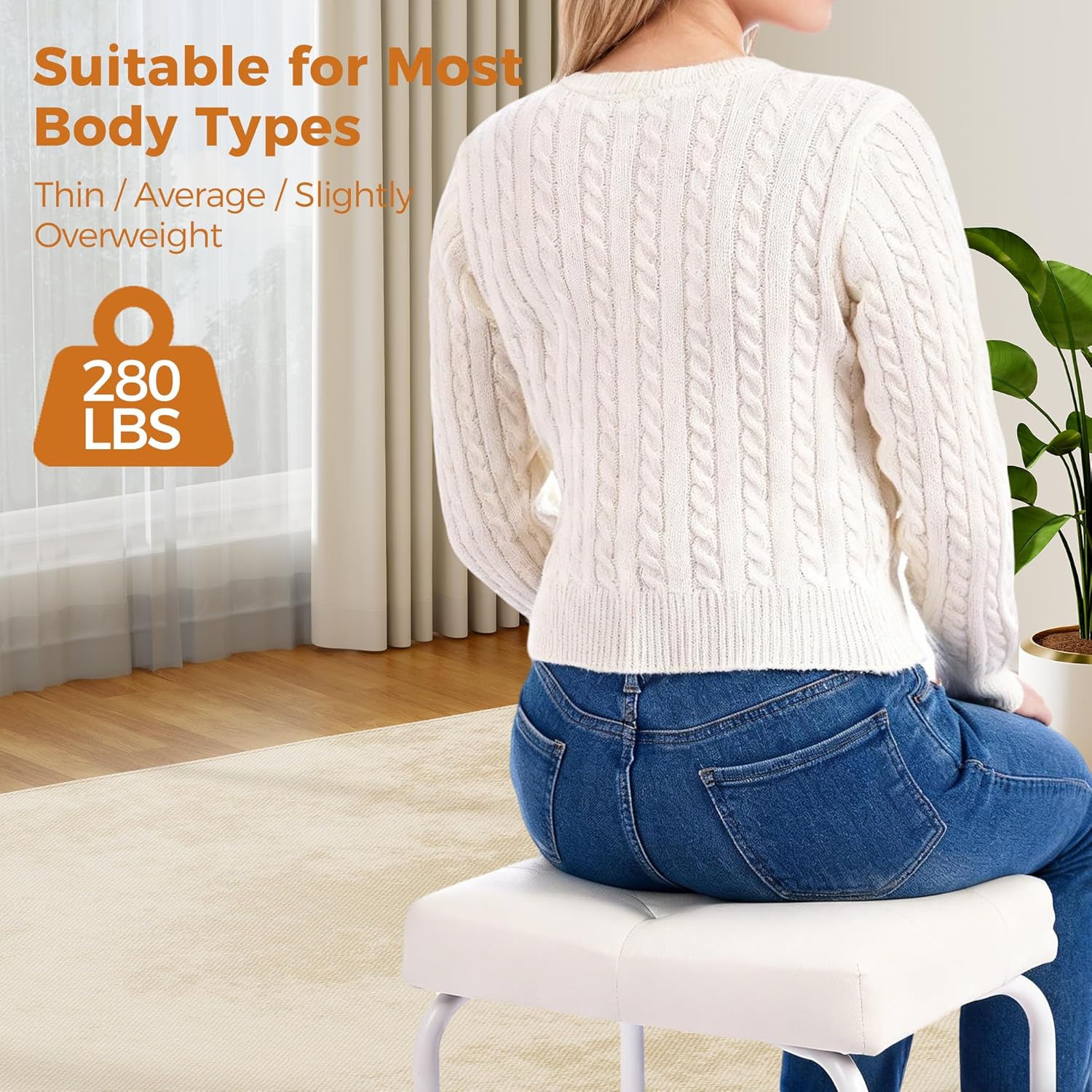 White Vanity Chair, Leather Vanity Stool, Small Stool Chair for Vanity, Square Ottoman Foot Stool, Makeup Vanity Chairs with Thick Padded Seat for Bathroom, Bedroom, Entryway, KFD01W