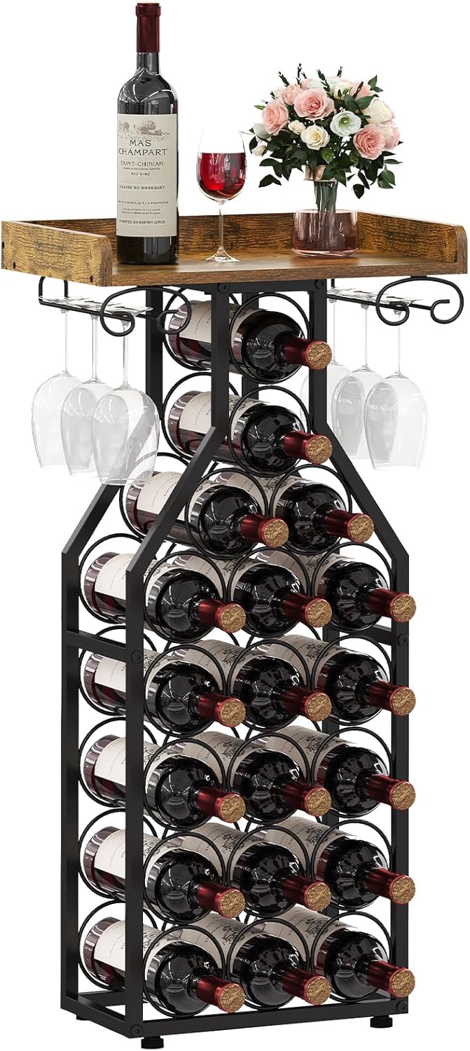 X-cosrack Wine Rack Freestanding Floor, Wine Storage Rack Mini Bar Table with Tabletop, Glass Holder Wine Bottle Display Stand Liquor Cabinet for Home Bar Kitchen Living Room