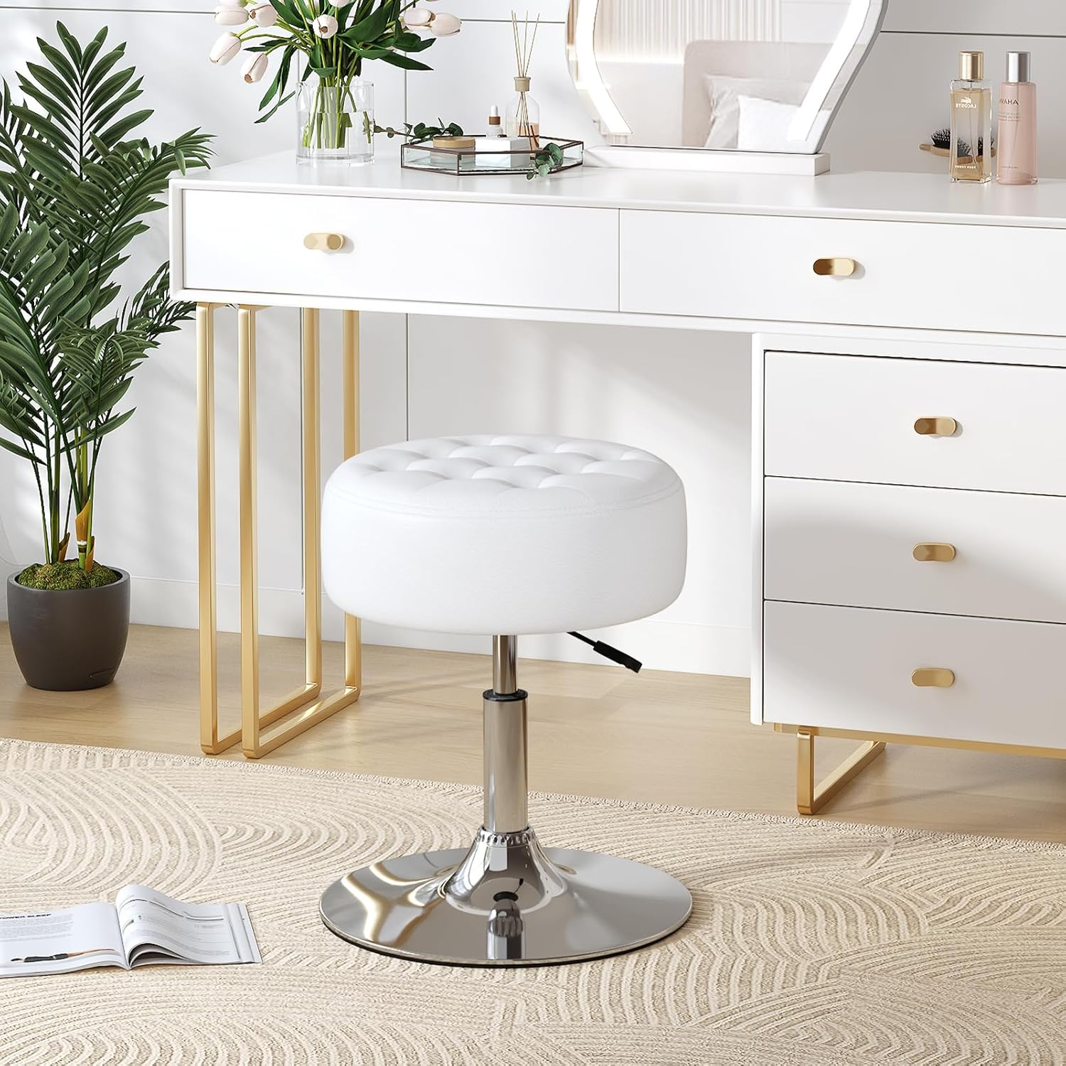 Mid-Century Tufted Adjustable Swivel Makeup Ottoman Stool; Modern Big Size Round Vanity Stool Chair for Bedroom Living Room (White)