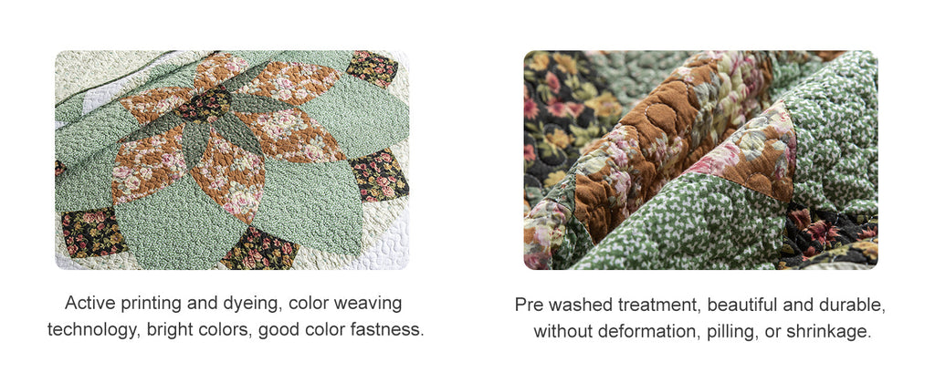Quilts Queen Size Patchwork Bedspread Set - 100% Cotton Reversible Breathable Green Earth Geometric Quilted Quilt with Pillow Shams for All Seasons
